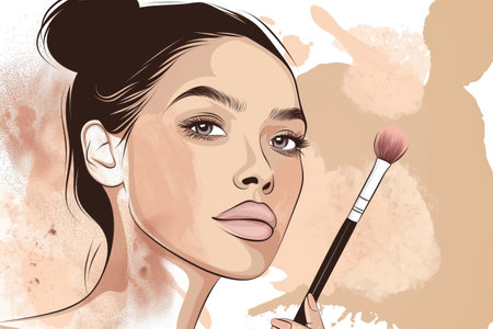 Illustration of a young woman applying make up with a makeup brush.の素材