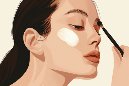 Beautiful woman applying make-up with a brush. Vector illustration.の素材