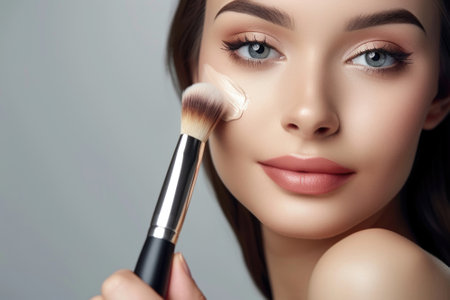 Portrait of beautiful young woman with make-up brush in handの素材