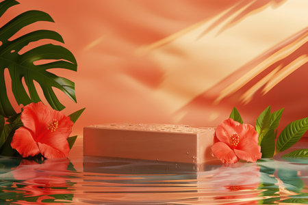 Product display podium with tropical leaves and flowers.の素材