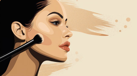 Beautiful woman applying make-up with a brush. Vector illustration.の素材