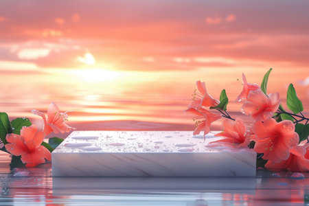 White podium on the background of a beautiful sunset and pink flowersの素材