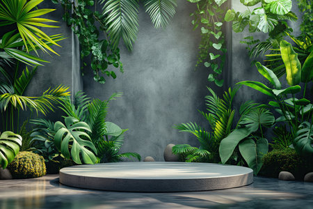 Round empty platform with nature background. Podium for product display.の素材