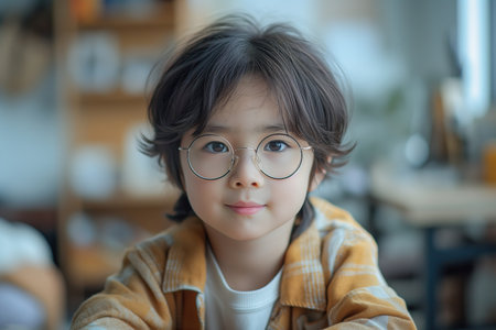Portrait of Asian little boy wearing eyeglasses looking at camera.の素材