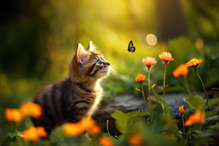 Beautiful cat with a butterfly in the summer garden.の素材