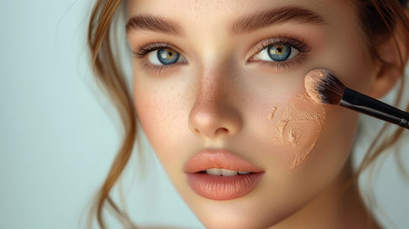 Closeup portrait of a woman applying cosmetic on the face using makeup brush.の素材