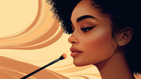 Beautiful african american woman applying lipstick. Vector illustration.の素材