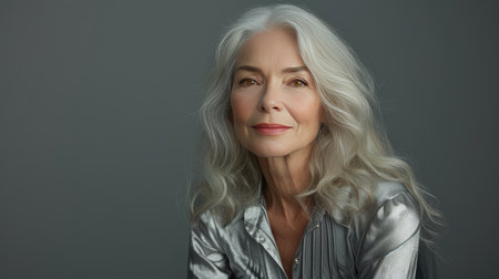 Portrait of beautiful senior woman on gray background. Space for textの素材