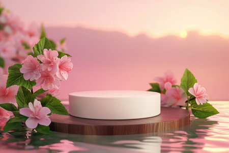 White and wooden podium on the background of a beautiful sunset and pink flowersの素材