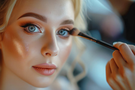 Makeup artist applying make up on a beautiful young woman face.の素材