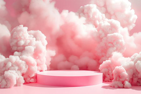 pink podium for product presentation with clouds on the backgroundの素材