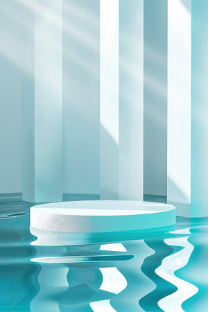 round podium on blue background with reflection in waterの素材