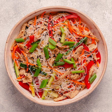 Bowl of rice noodles with vegan soy meat and vegetables on light background, top viewの写真素材