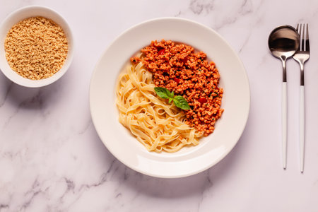 Vegan Bolognese Pasta with plant based minced meat, top view.の写真素材