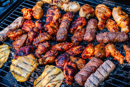 Different types of grilled meat on charcoal grill.の写真素材