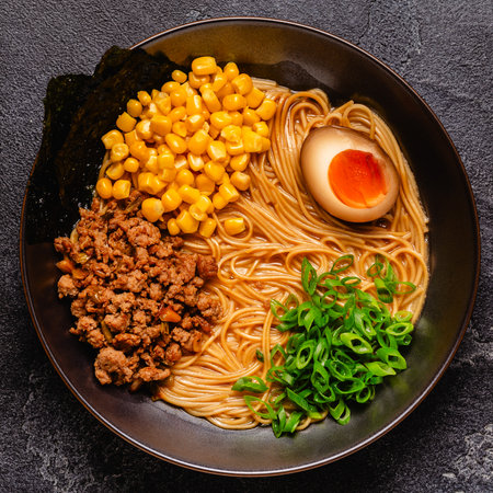 A bowl of ramen with noodles, meat and green onions, top view.の写真素材