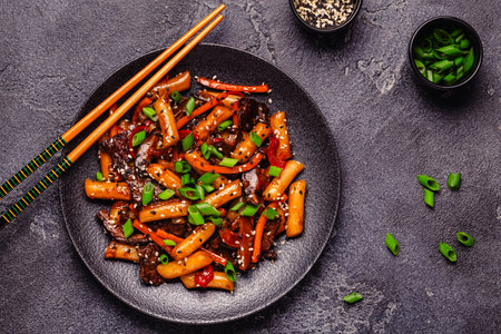 Tteokbokki ,Spicy Stir fried Rice Cake with beef and vegetables.の写真素材