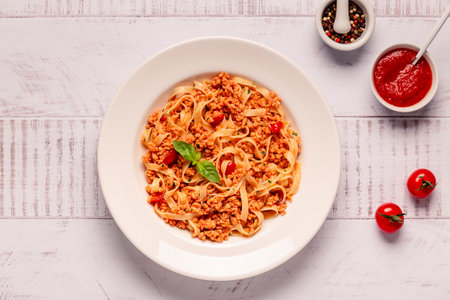 Vegan Bolognese Pasta with plant based minced meat, top view.の写真素材