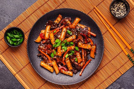 Tteokbokki ,Spicy Stir fried Rice Cake with beef and vegetables.の写真素材