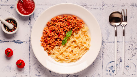 Vegan Bolognese Pasta with plant based minced meat, top view.の写真素材