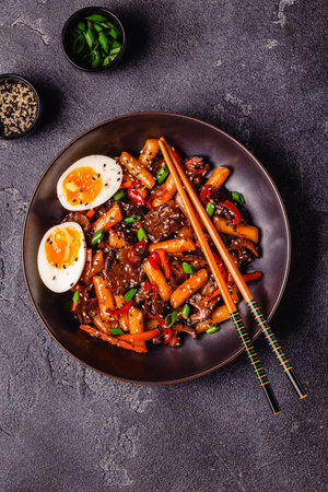 Tteokbokki ,Spicy Stir fried Rice Cake with beef and vegetables.の写真素材