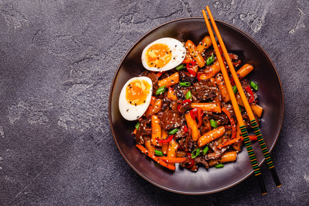 Tteokbokki ,Spicy Stir fried Rice Cake with beef and vegetables.の写真素材