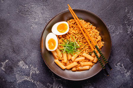 Spicy Rapokki - Korean tteokbokki rice cake and ramen noodle. Korean food style.の写真素材