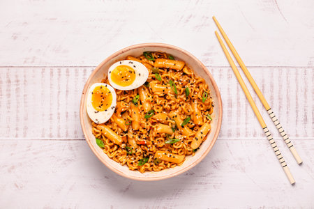 Spicy Rapokki - Korean tteokbokki rice cake and ramen noodle. Korean food style.の写真素材