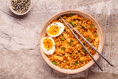 Spicy Rapokki - Korean tteokbokki rice cake and ramen noodle. Korean food style.の写真素材