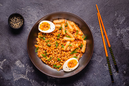 Spicy Rapokki - Korean tteokbokki rice cake and ramen noodle. Korean food style.の写真素材