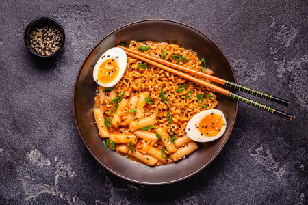 Spicy Rapokki - Korean tteokbokki rice cake and ramen noodle. Korean food style.の写真素材