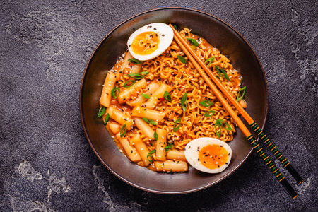 Spicy Rapokki - Korean tteokbokki rice cake and ramen noodle. Korean food style.の写真素材