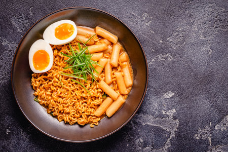 Spicy Rapokki - Korean tteokbokki rice cake and ramen noodle. Korean food style.の写真素材