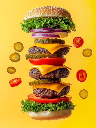 Flying hamburger with flying ingredients on yellow background.の素材