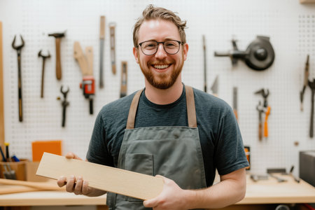 Portrait of a smiling carpenter holding wooden plank in his workshopの素材