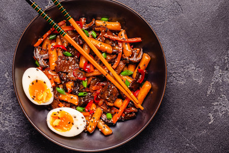 Tteokbokki ,Spicy Stir fried Rice Cake with beef and vegetables.の写真素材