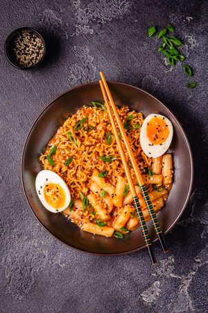 Spicy Rapokki - Korean tteokbokki rice cake and ramen noodle. Korean food style.の写真素材