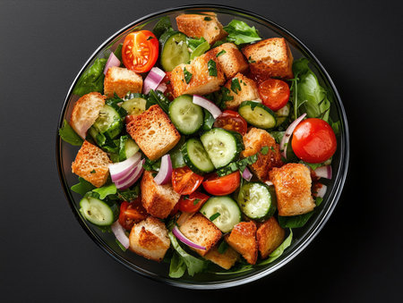 Panzanella salad with chunks of rustic bread, tomatoes, cucumbers, red onions, and a vinaigrette dressingの素材