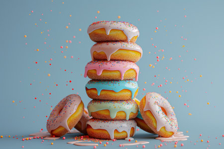 Colorful donuts stacked on a blue background with sprinklesの素材