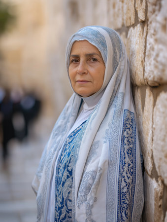 Woman in traditional attire near ancient stone wall during cultural event at sunsetの素材