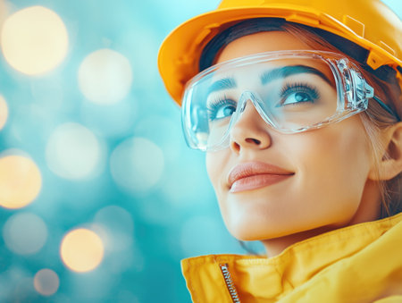 Female construction worker wearing safety gear looks confidently towards future projects.の素材