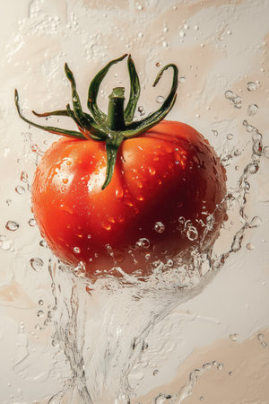 Fresh tomato splashing in water creating vibrant droplets.の素材