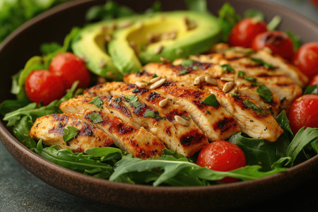 Grilled chicken salad with fresh vegetables and herbs served in a bowlの素材