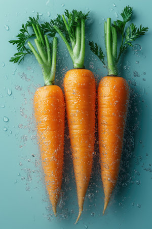 Fresh carrots splash in water during bright daylight.の素材