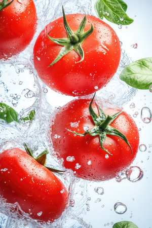 Fresh red tomatoes splashing in water against white backdrop for a vibrant culinary vibe.の素材