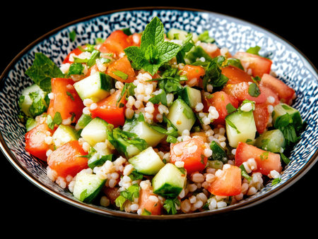 Tabbouleh salad with bulgur wheat, parsley, mint, tomatoes, and a lemon dressingの素材
