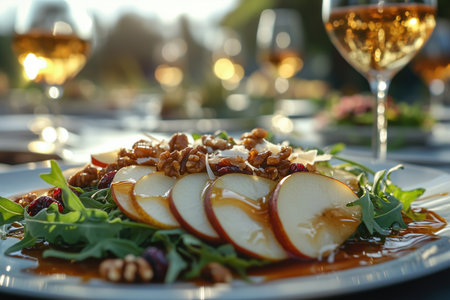 Fresh apple salad with walnuts and honey dressing enjoyed at a garden dinner partyの素材