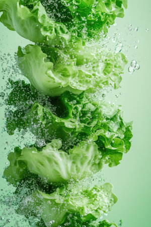 Crisp lettuce leaves are showered with water droplets, capturing freshness and vitality in a green background.の素材