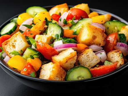 Panzanella salad with chunks of rustic bread, tomatoes, cucumbers, red onions, and a vinaigrette dressingの素材