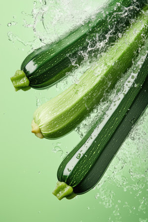 Fresh zucchini splashes into water creating dynamic droplets in a clean settingの素材